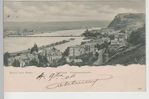 (75918) AK Gruß vom Rhein, Koblenz, Ehrenbreitstein 1904