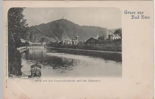 (72643) AK Gruss aus Bad Ems, Bl.a.d. Concordiathurm u.d. Lahnufer bis 1905