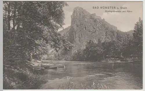 (65960) AK Bad Münster am Stein, Rheingrafenstein und Fähre, vor 1920