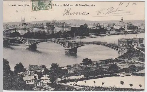 (47515) AK Gruß vom Rhein, Koblenz, Kurfürstl. Schloss, Moselbrücke 1906