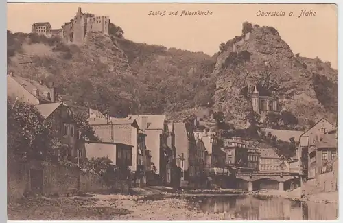 (47352) AK Oberstein, Nahe, Ortsansicht, Schloss, Felsenkirche, vor 1945