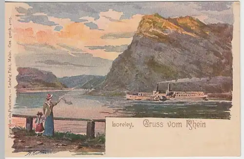 (19375) Künstler AK A. Hartmann, Gruß vom Rhein, Loreley, Litho bis 1905