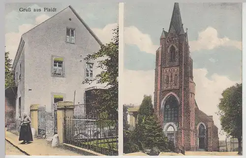(115033) AK Gruß aus Plaidt, Kirche, Geschäft Anna Weiller, vor 1945
