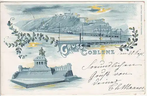 (114283) AK Gruss aus Koblenz, Deutsch. Eck, Ehrenbreitstein b.Nacht, Litho 1899