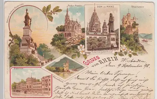 (113835) Künstler AK Gruß vom Rhein, Biebrich, Mäuseturm, Rochuskapelle 1898