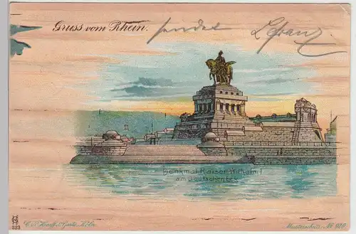 (113039) AK Koblenz, Gruss vom Rhein, Denkmal am Deutschen Eck, Litho 1902