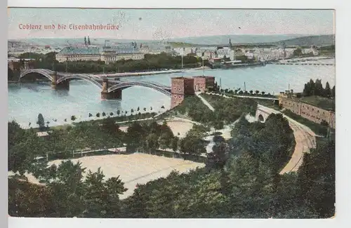 (111061) AK Koblenz, Ansicht mit Eisenbahnbrücke, 1909