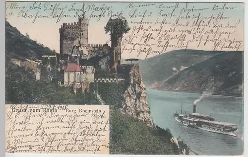 (110992) AK Gruss vom Rhein, Burg Rheinstein, Bahnpost 1905