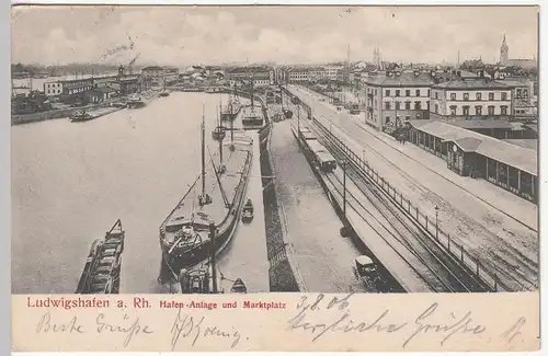 (109682) AK Ludwigshafen, Rhein, Hafen, Lastkähne, Markt 1906