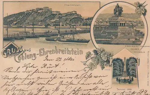 (108097) AK Gruss aus Koblenz Ehrenbreitstein, Litho mit Denkmal 1866, 1898