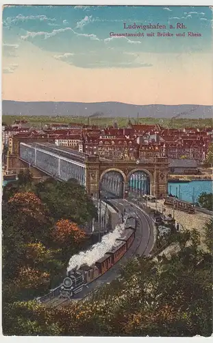 (107015) AK Ludwigshafen, Rhein, Brücke, Eisenbahn, Straßenbahn, Feldpost 1917