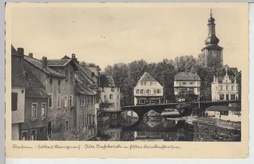 (105810) AK Bad Kreuznach, Alte Nahebrücke mit Brückenhäuser, 1938