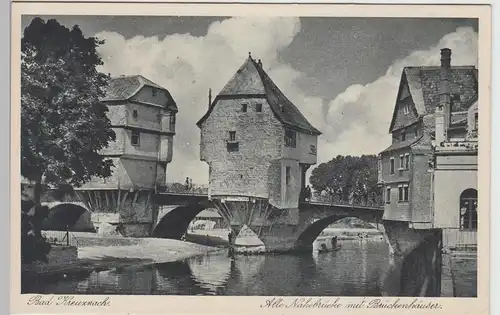 (105809) AK Bad Kreuznach, Alte Nahebrücke mit Brückenhäuser, vor 1945