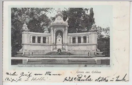 (105594) AK Gruss aus Coblenz, Koblenz, Kaiserin Augusta Denkmal, 1905