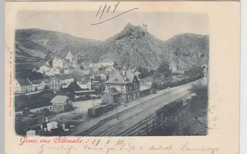 (104433) AK Gruss aus Altenahr, Ansicht m. Bahnhof u. Burg Are, 1901