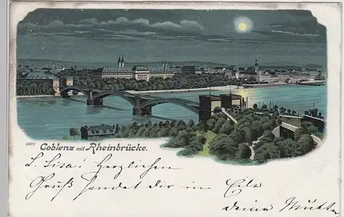 (101764) AK Coblenz, Koblenz, Nachtansicht mit Rheinbrücke, Litho 1900