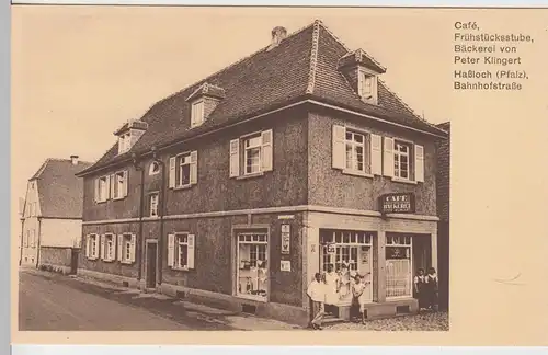 (100937) AK Haßloch, Pfalz, Bahnhofstraße, Cafe, Bäckerei Peter Klingert, vor 19
