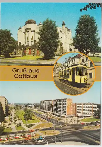 (96331) AK Cottbus, Mehrbildkarte m. historischer Straßenbahn, 1988