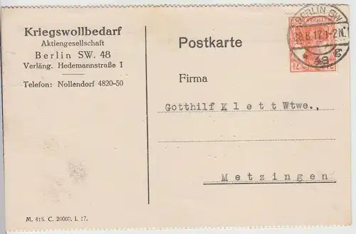 (112756) Postkarte Kriegswollbedarf AG Berlin 1917
