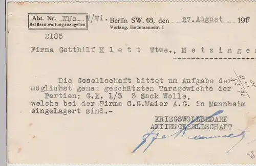 (112756) Postkarte Kriegswollbedarf AG Berlin 1917