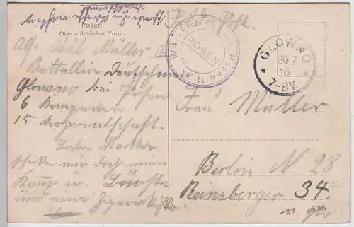 (112461) AK Posen, Poznan, Oberschlesischer Turm, Feldpost 1916
