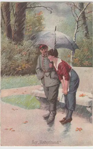 (98492) AK Patriotika, Soldat m. Frau unterm Regenschirm "Der Unterstand" 1917