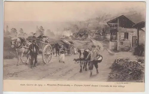(97832) Künstler AK Guerre 1914, Paysans fuysans devant l'incendie de leur villa