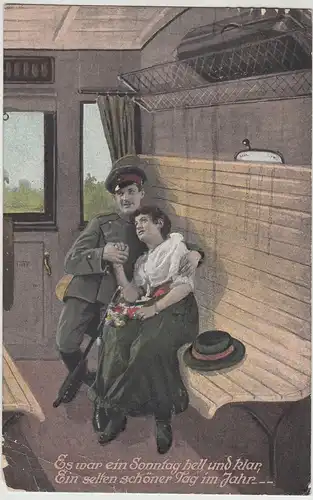 (115938) AK Patriotika Soldat m. Frau i. Zug Abteil 1918