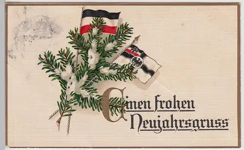 (115026) Künstler AK Patriotika, Fahnen, Neujahrsgruß, Prägekarte 1915