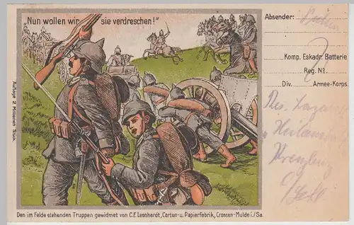 (114024) Künstler AK Patriotika, Nun wollen wir sie verdreschen, Feldpost 1915