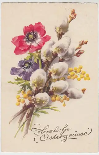 (50531) AK Herzliche Ostergrüße, Weidenkätzchen u. Blumen, 1932