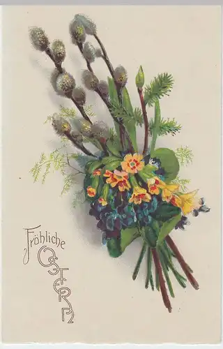 (50530) AK Fröhliche Ostern, Weidenkätzchen u. Blumen, vor 1945