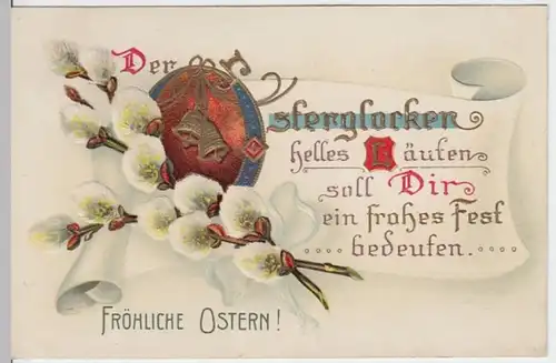 (4716) AK Ostern, Prägekarte, Glocken, Weidenkätzchen 1914