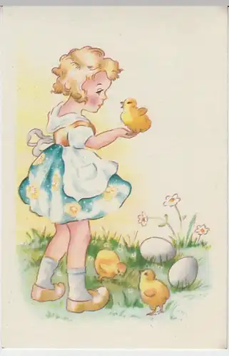 (27365) Künstler AK Ostern, Mädchen mit Küken und Eiern