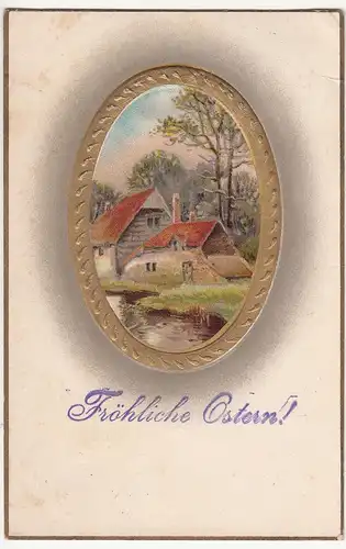 (114341) Künstler AK Ostern, Haus am Wasser, Passepartout, Prägekarte 1910