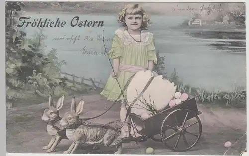 (114026) AK Ostern, Mädchen, Hasengespann vor Wägelchen 1906