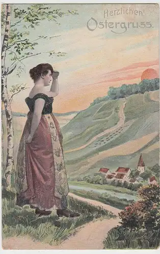 (111161) AK Ostern, junge Frau schaut übers Land, Dorf mit Kirche, bis 1905