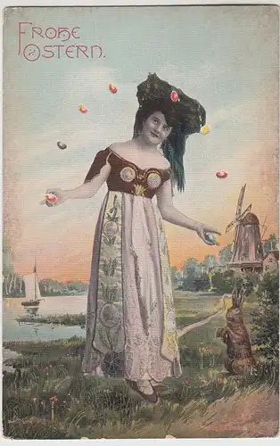 (111160) AK Ostern, junge Frau mit bunten Eiern, Windmühle, bis 1905