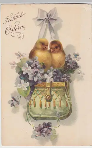 (106020) Künstler AK Ostern, Küken, Tasche mit Veilchen, vor 1945