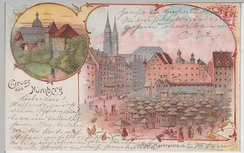 (76073) Künstler AK Gruß aus Nürnberg, Marktplatz, Stadtmauer 1900