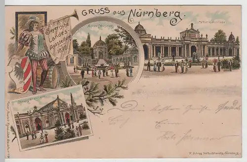 (76069) Künstler AK Gruß aus Nürnberg, Bayer. Landesausstellung 1896