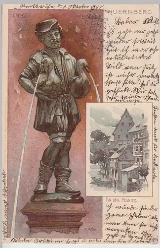(112789) AK Nürnberg, Gänsemännchenbrunnen u. Partie a.d. Pegnitz, Litho 1900