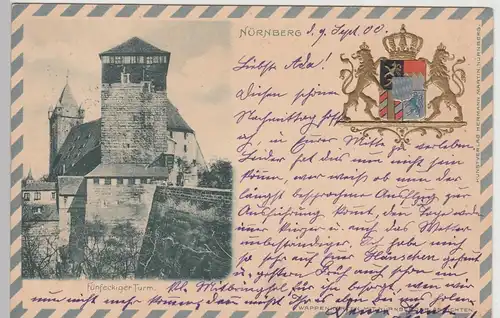 (105665) AK Nürnberg, Fünfeckiger Turm, Wappenkarte, Goldprägung 1900