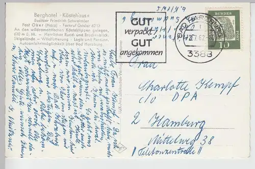 (95381) Foto AK Gruß vom Kästehaus, Oker, Harz, Mehrbildkarte 1962