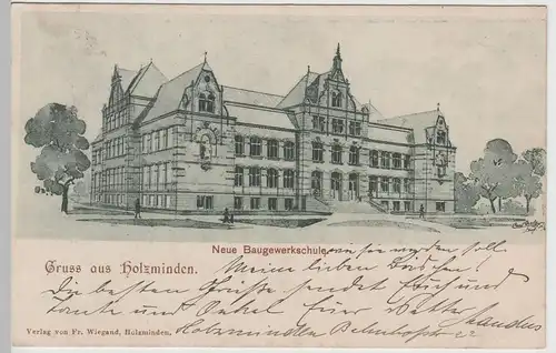 (76588) Künstler AK Gruss aus Holzminden, Neue Baugewerkschule, 1900