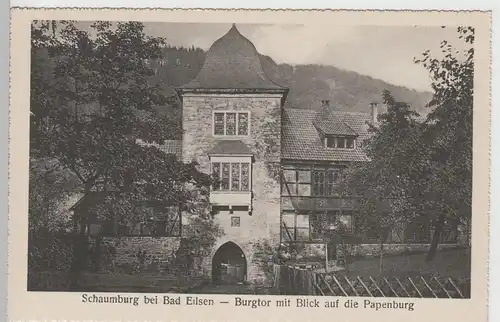 (74005) AK Bad Eilsen, Schaumburg, Burgtor mit Blick auf Papenburg, vor 1945