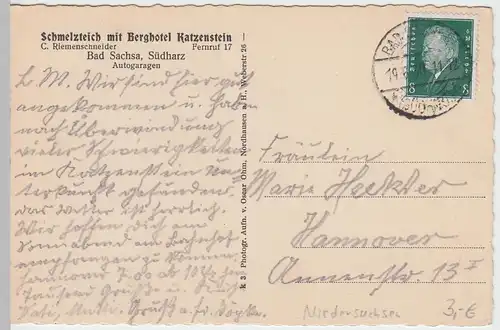 (50787) AK Bad Sachsa, Schmelzteich m. Berghotel Katzenstein, 1930