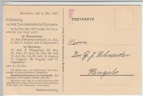 (39459) AK Bad Bentheim, Logierhaus und Kurhaus, Einladung Tanzabend 1932