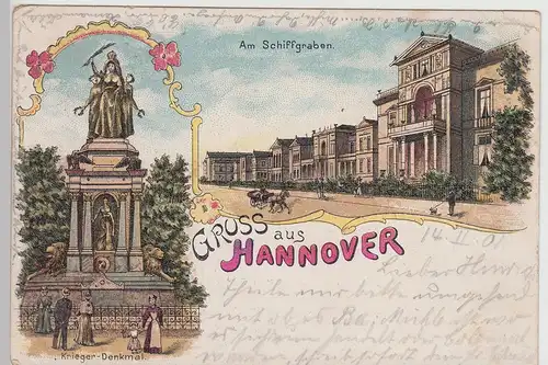(115268) AK Gruss aus Hannover, Am Schiffgraben u. Denkmal, Litho 1902