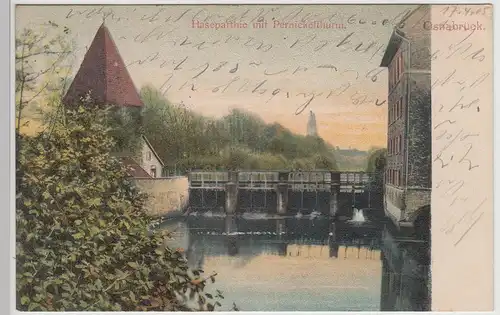 (115092) AK Osnabrück, Hasepartie mit Pernickelturm, Bahnpost 1905